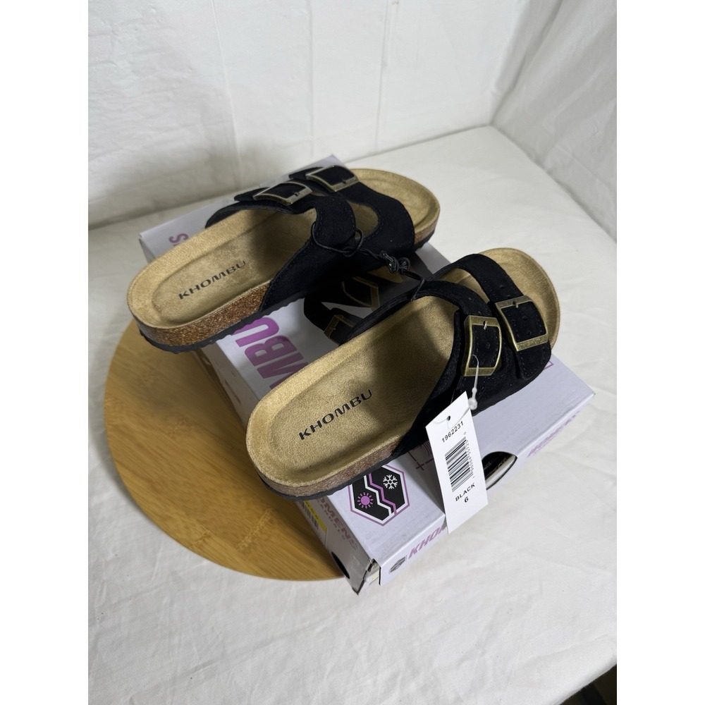 Khombu Ashville Women's Sandals Size 6 Black Double Buckle Cork Footbed New
